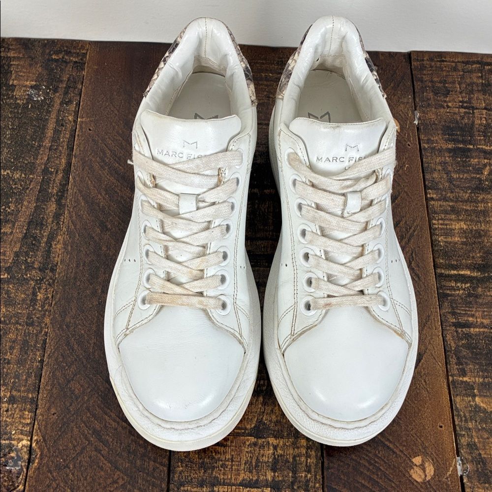 Marc Fisher Women’s 7 Maggy White Leather Low-Top Chunky Sneakers Snakeskin Heel - Picture 3 of 8